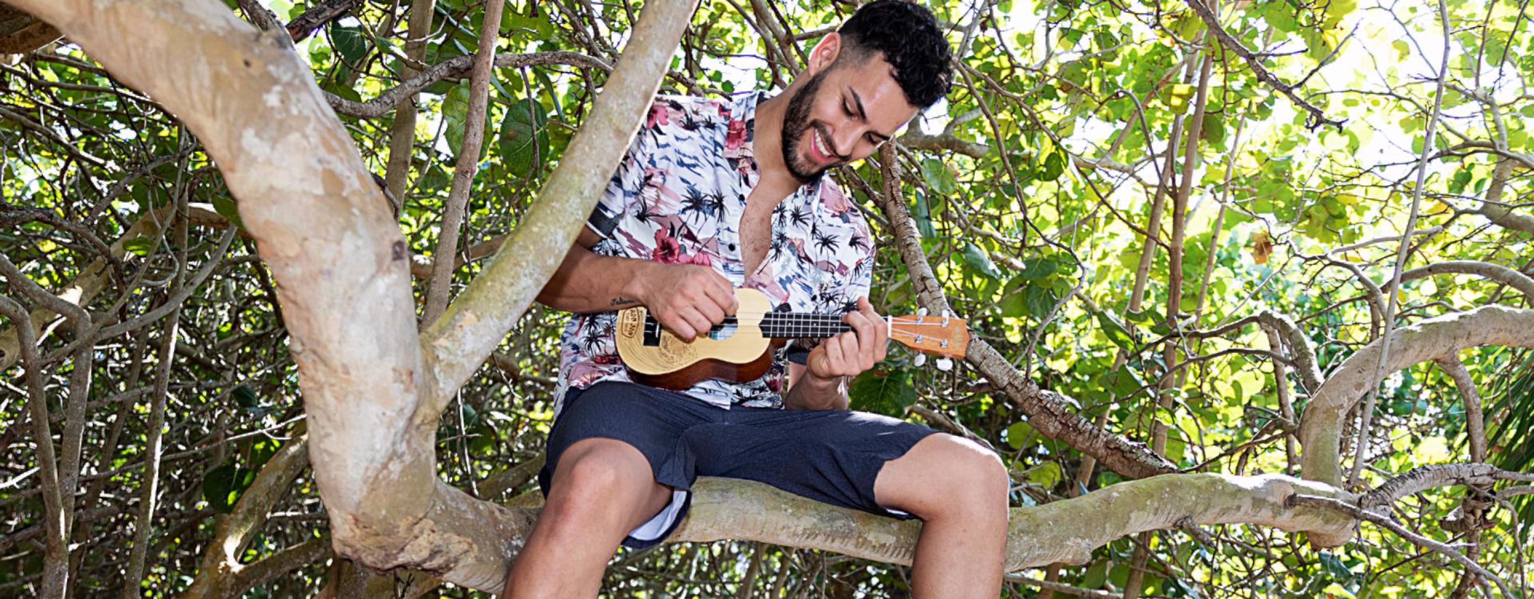 guy playing a ukulele in a tree