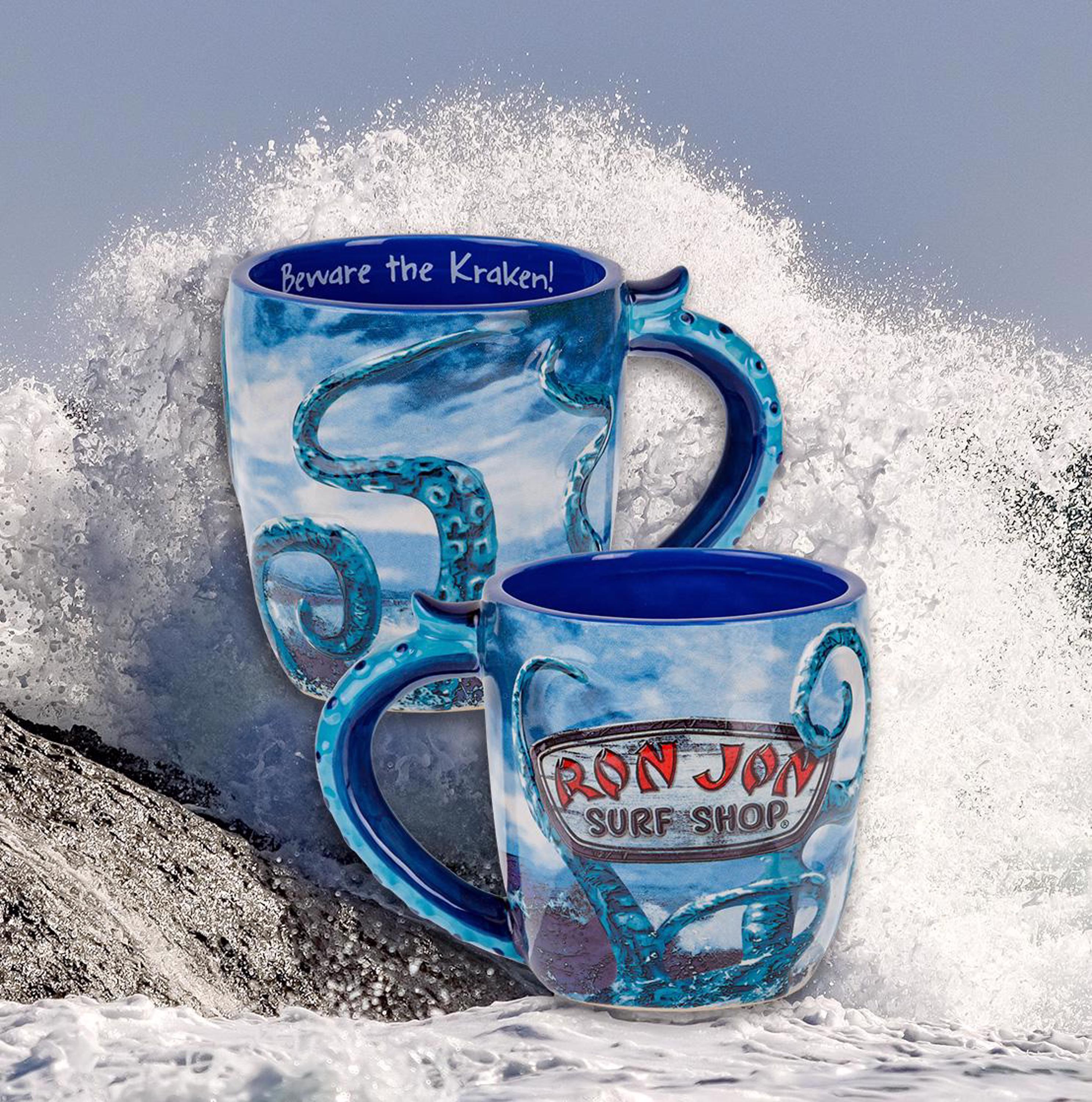 kraken mugs with violent wave background