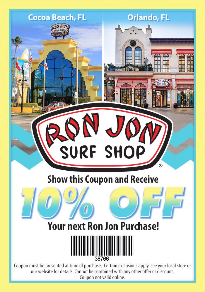 10% discount to Cocoa Beach and Disney Springs Ron Jon stores