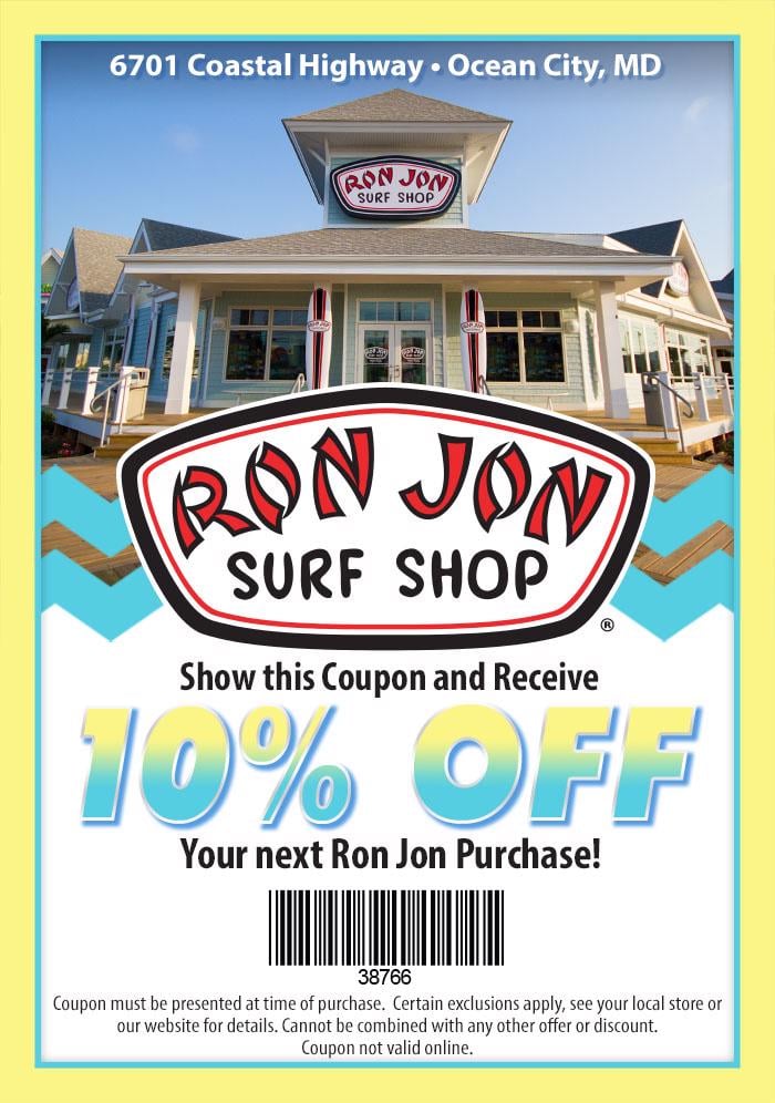 10% discount at the Ocean City Maryland Ron Jon store 