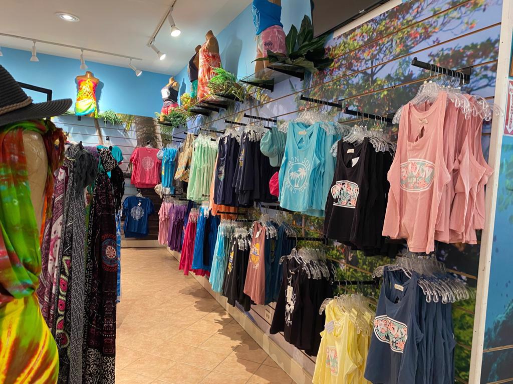 Interior photo of the tank tops in Grand Turk store