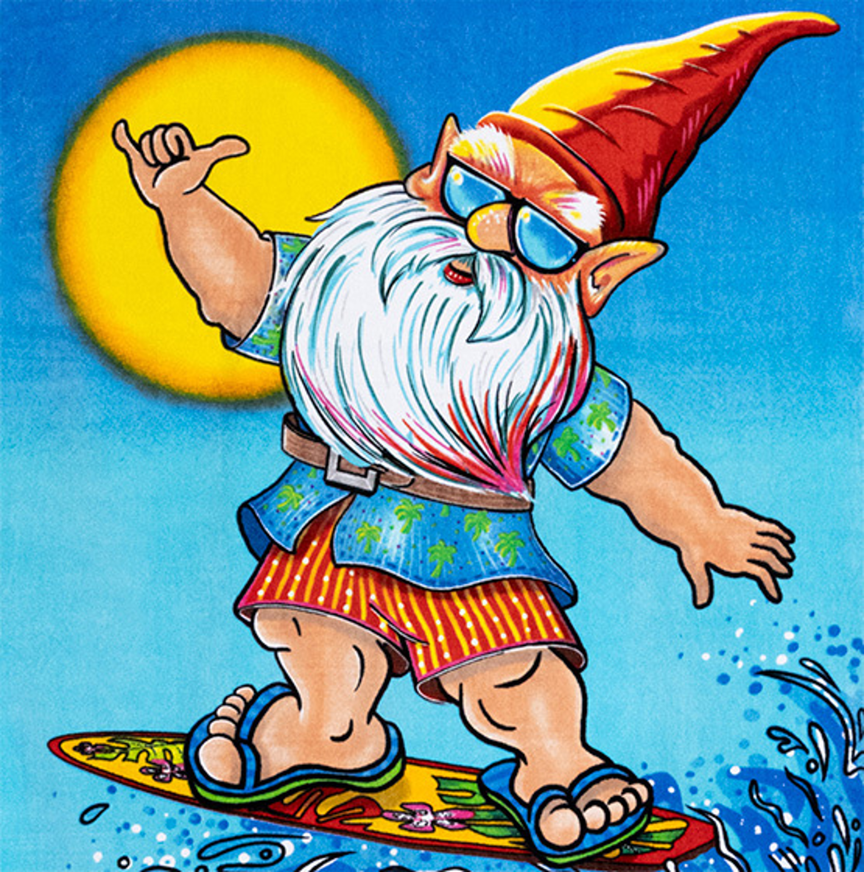 drawing of a gnome surfing from our beach towel