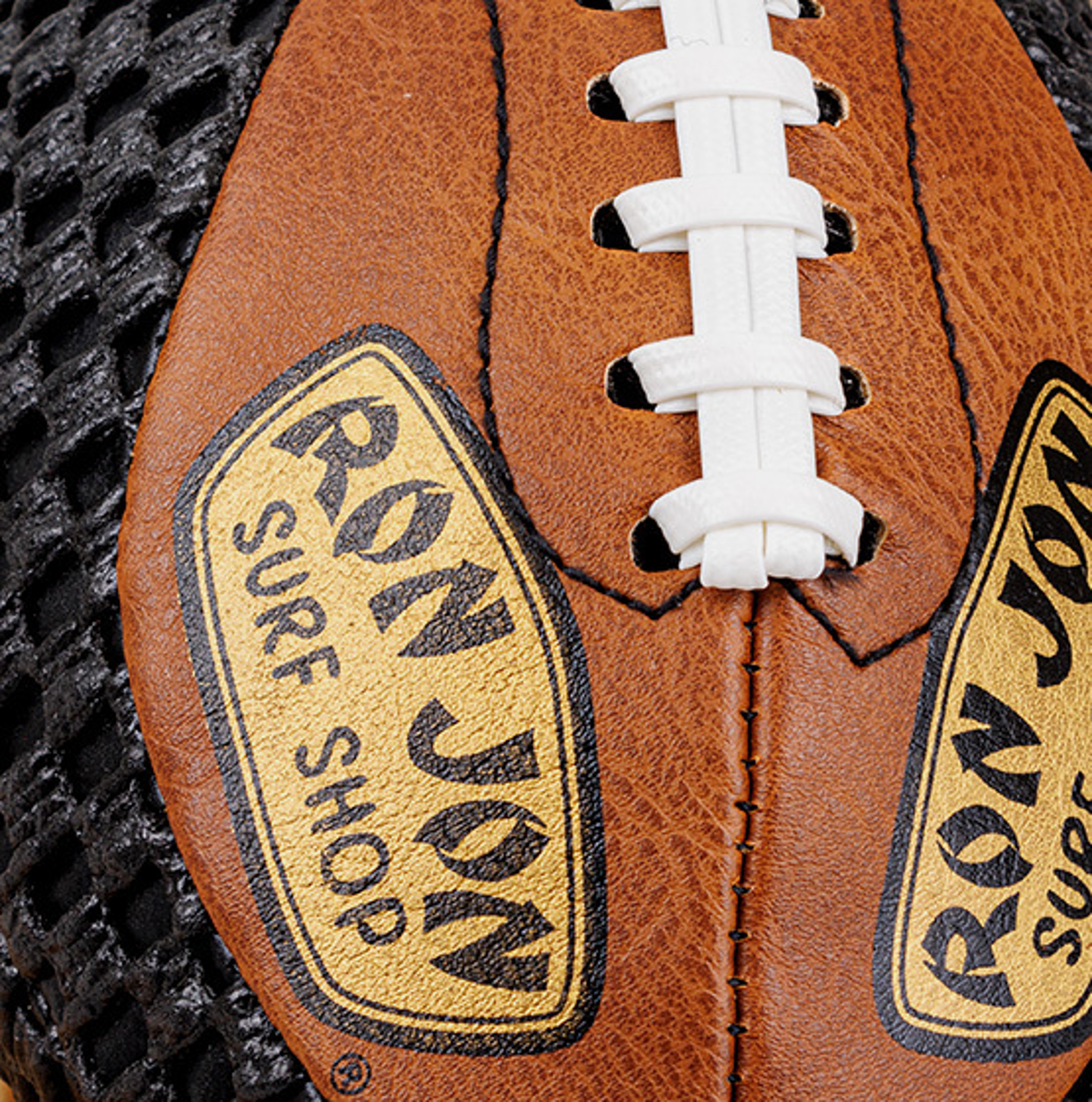 laces and logo on a Ron Jon football