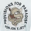 Graphic of an eel wrapped around a guitar, surfboard, and bottle, with the text Provisions for Paradise Ron Jon x Jetty.