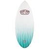 A white and turquoise skimboard with a Ron Jon Surf Shop logo at the top and curving white lines running vertically down the board.