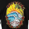 Stylized surf shop logo with waves, palm trees, and hibiscus flowers against a sunset background. Text reads ONeill Ron Jon Surf Shop.