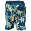 A pair of mens board shorts featuring a tropical leaf pattern in blue, green, orange, and white, with a back pocket on the right side.