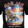 Illustration of an astronaut sitting in a beach chair, watching a sunset over the ocean. Text includes Ron Jon Surf Shop and Cocoa Beach.