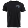 A plain black short-sleeve T-shirt with a small colorful Ron Jon Surf Shop logo on the upper left chest.