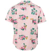 Back view of a pink short-sleeve tropical shirt with floral, palm tree, and toucan patterns.