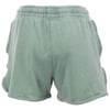Green shorts with an elastic waistband and ruffled sides, viewed from the back.