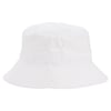 White bucket hat with a flat top and wide brim, featuring ventilation eyelets on the sides.