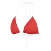 Red triangle bikini top with white straps and border, featuring ribbed texture.