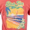 Red shirt featuring a tropical scene with a sunset, sailboat, palm trees, seagulls, and waves. The word Ron Jon is prominent at the top.