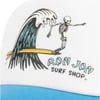 Illustration of a skeleton surfing on a wave with the text Ron Jon Surf Shop on a white surface with a blue edge.