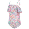 Colorful paisley-patterned one-piece swimsuit with ruffled overlay and adjustable shoulder straps.