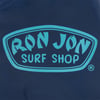 Logo for Ron Jon Surf Shop in light blue text on a dark blue background.