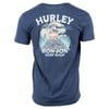 Navy blue t-shirt featuring a flamingo, moon, and water design on the back with text Hurley Ron Jon Surf Shop.