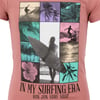 T-shirt featuring a collage of surfing images, florals, and palm trees with the text In My Surfing Era and Ron Jon Surf Shop.