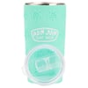 A teal Ron Jon Surf Shop tumbler with embossed turtle designs and a clear plastic lid placed in front of it.