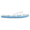 A single blue flip-flop sandal with a white strap and a sole featuring a water or wave pattern, viewed from the side.