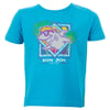 Blue T-shirt featuring a cartoon shark wearing sunglasses with palm trees in the background, and the text Ron Jon Surf Shop below.