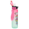 A gradient pink and green water bottle with a strap and flip-top lid. A Ron Jon Surf Shop logo and colorful directional signs are printed on the side.