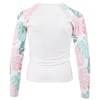 Back view of a long-sleeve rash guard with white body and pastel leaf pattern sleeves in pink and teal.