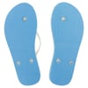 A pair of blue flip-flops shown from the bottom, displaying textured soles and attachment points for the straps.