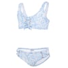Light blue and white patterned bikini with lace-up details on the top and sides of the bottom.