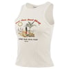 White tank top with a design featuring a person sitting on the beach, palm trees, and surfers. Text reads Ron Jon Surf Shop and Support Your Local Shop.