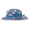 Blue bucket hat with red, white, and blue patterns, featuring a Ron Jon Surf Shop patch on the front and an adjustable cord at the back.
