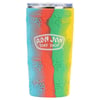 A colorful Ron Jon Surf Shop tumbler with embossed turtle designs and a clear lid, featuring red, yellow, blue, and green vertical stripes.