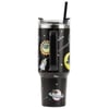 A black travel tumbler with a handle and straw, decorated with cartoon planets, stars, rockets, and suns wearing sunglasses.