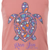 Illustrated sea turtle design on a pink background featuring purple, orange, and white patterns of flowers and sea creatures. Ron Jon Surf Shop text at the bottom.