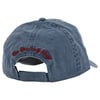 Blue denim baseball cap with an adjustable strap, embroidered with Ron Jon Surf Shop in red on the back.