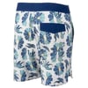 A pair of mens swim trunks featuring a blue floral pattern and a single back pocket with a dark blue flap.