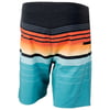 Colorful striped board shorts featuring horizontal stripes in shades of black, orange, white, and teal, with a small pocket on the side.