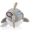 Gray plush shark with embroidered patches, including Surf Cruiser and Ron Jon Surf Shop, showcasing a fin and flippers. Tags are attached.
