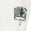 White fabric with Panama City Beach Ron Jon Surf Shop text and a palm tree graphic printed on it.