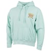 Mint green hoodie with a front pocket and drawstrings. It features a small graphic design with text on the left chest area.