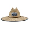 Straw hat with a wide brim and black trim, featuring a Ron Jon Surf Shop patch on the front.