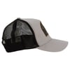 Gray and black mesh trucker hat with a brown patch on the front. The hat is viewed from the side.