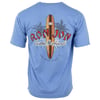 Blue T-shirt with “Ron Jon Custom Surfboards” text, a surfboard graphic, and palm trees printed on the back.