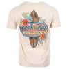 A beige t-shirt displays a surfboard, flowers, and the text Ron Jon Surf Shop, Long Beach Island, NJ on the back.