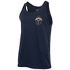 Navy blue tank top with a small graphic on the left chest featuring a skull, wings, and the text Custom Motorcycles, Road is Yours.