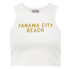 White ribbed crop tank top with PANAMA CITY BEACH printed in yellow capital letters on the front.