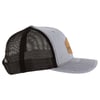 Side view of a gray and black mesh trucker hat with a leather patch on the front panel.