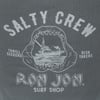 Salty Crew T-shirt design featuring a boat inside a sharks open mouth with the words Thrill Seekers, Risk Takers, and Ron Jon Surf Shop surrounding it.