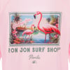 Illustration of two flamingos by a pond with palm trees and flowers, text reads Greetings from RON JON SURF SHOP® Florida on a light pink background.
